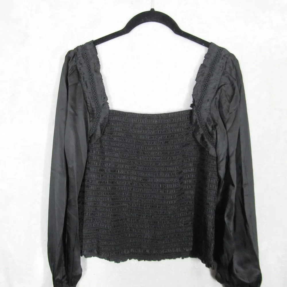 ME+EM Top Square Neck Lace Trim UK 10 US 6 Black Long Sleeve Smocked Coquette
